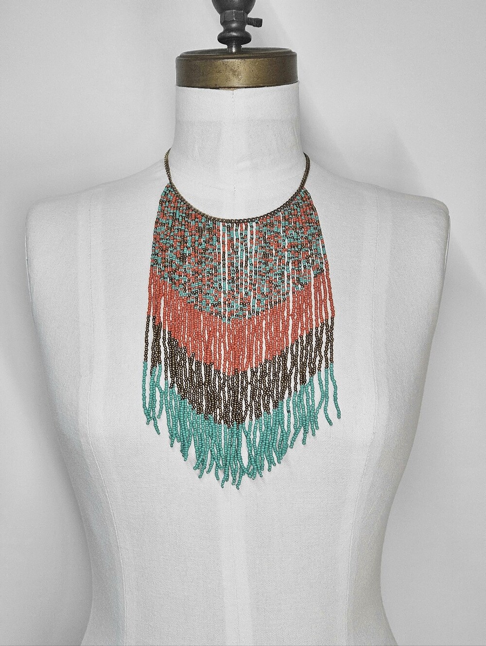 Necklace 17-20" Bib Fringe Tassle Statement Coral Turquoise Gold Beaded SW Boho